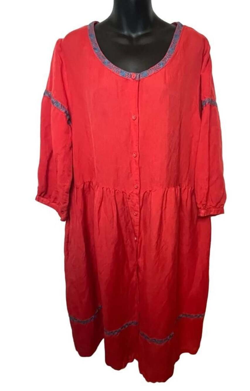 Gudrun Sjoden Red Linen Embroidered Dress with Blue Trim 3/4 sleeves pockets XL